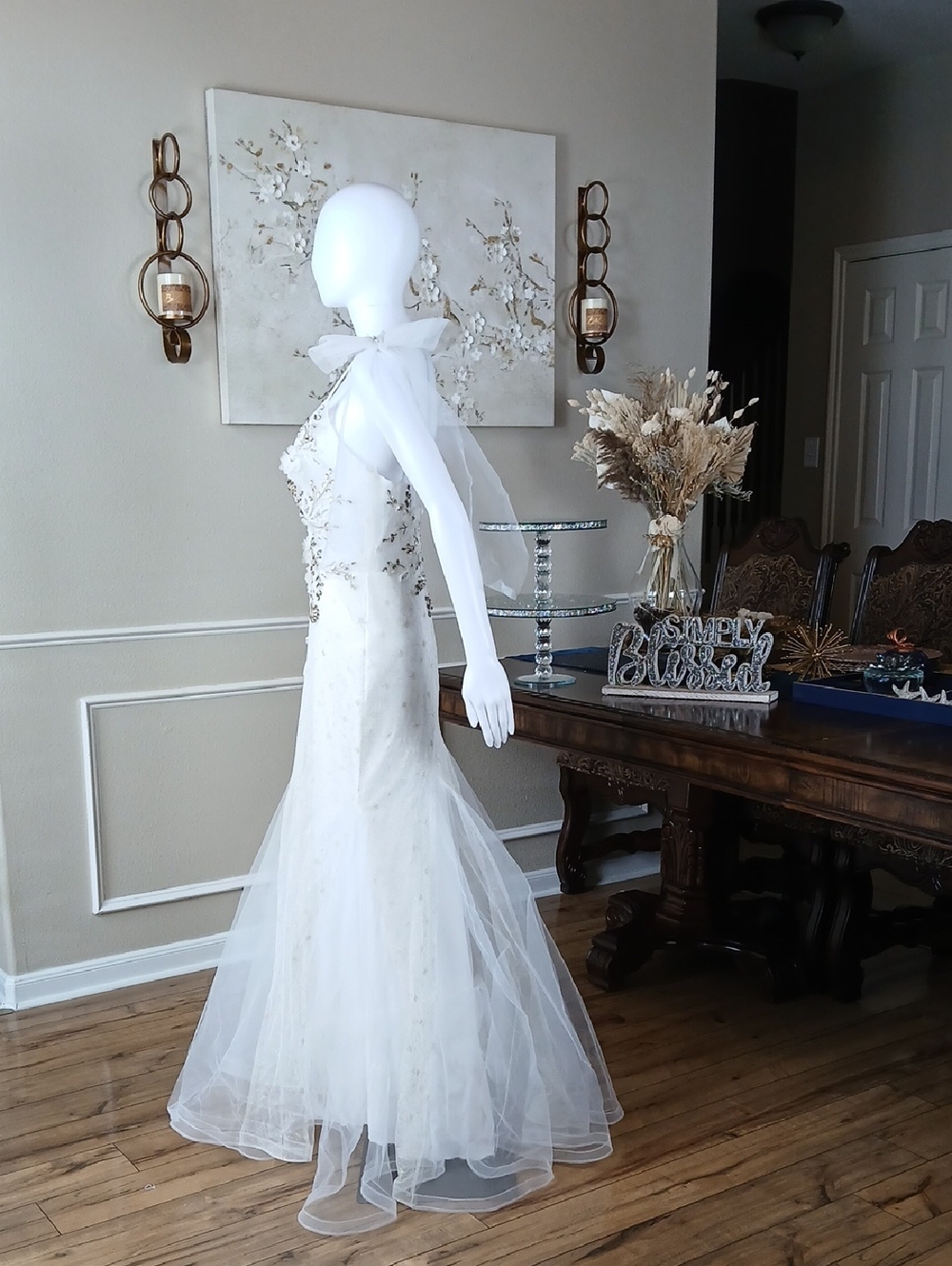 Mac Duggal White And Gold Crystals Tulle Bridal Mermaid Gown with Bow Straps - Picture 6 of 16